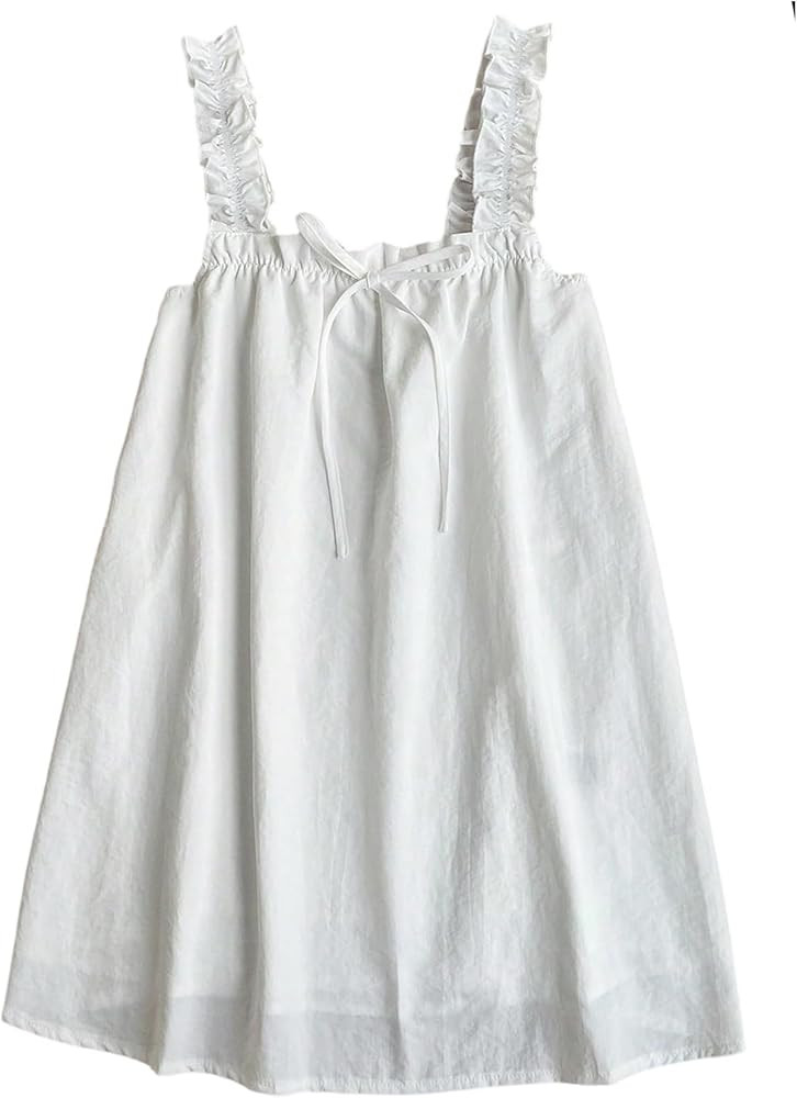 OYOANGLE Women's Wide Strap Frill Trim Sleeveless A Line Bow Tank Dress Summer Babydoll Sundress | Amazon (US)