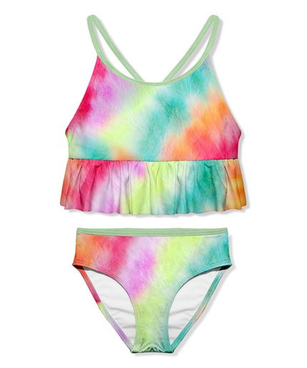 Millie Loves Lily Green & Pink Tie-Dye Ruffle-Trim Bikini - Girls | Zulily