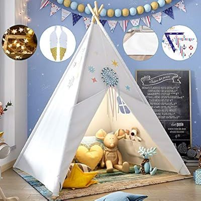 Teepee Play Tent for Kids with Gifts Floor Mat, Star Lights, Coloured Flag, Feathers, Carry Case,... | Amazon (US)