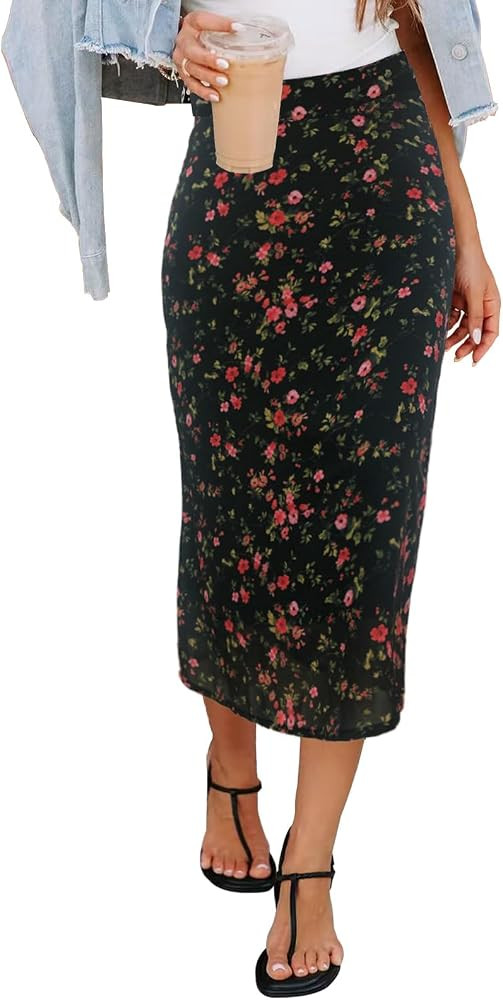 HERBATOMIA Women\u2019s Midi Floral Print Skirt Vintage Long Boho Casual High Elastic Waist Zippe... | Amazon (CA)