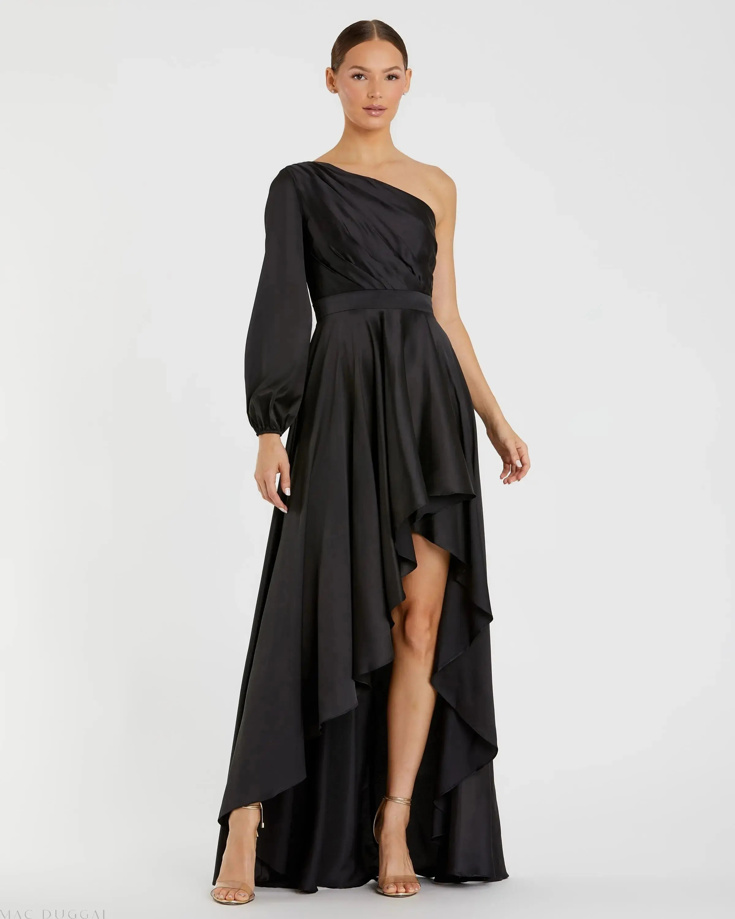 Black Long Sleeve One Shoulder Satin High Low A-line Gown | Mac Duggal | Mac Duggal