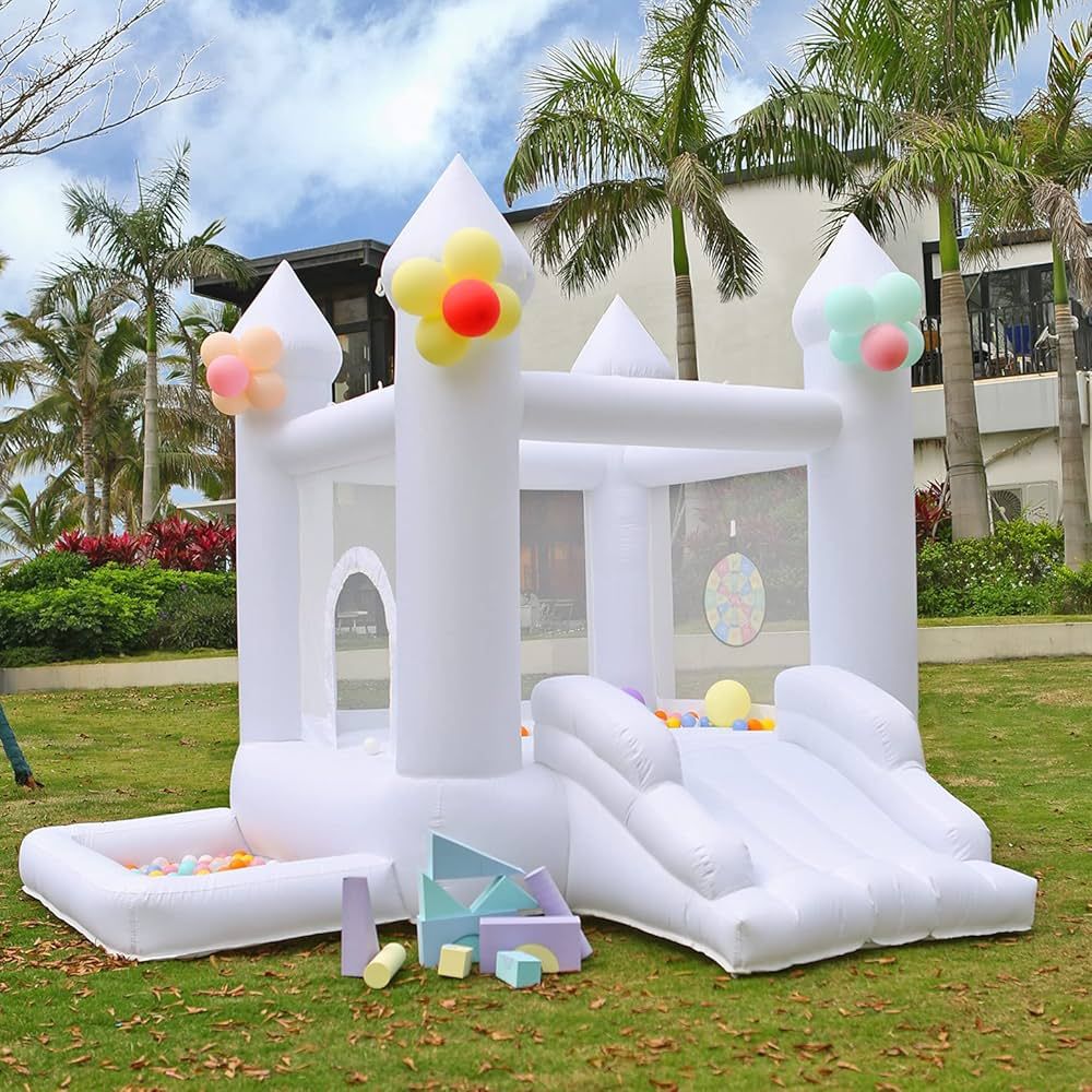 White Bounce House, Inflatable Trampoline with Air Blower, Jumping Castle with Slide, Family Back... | Amazon (US)