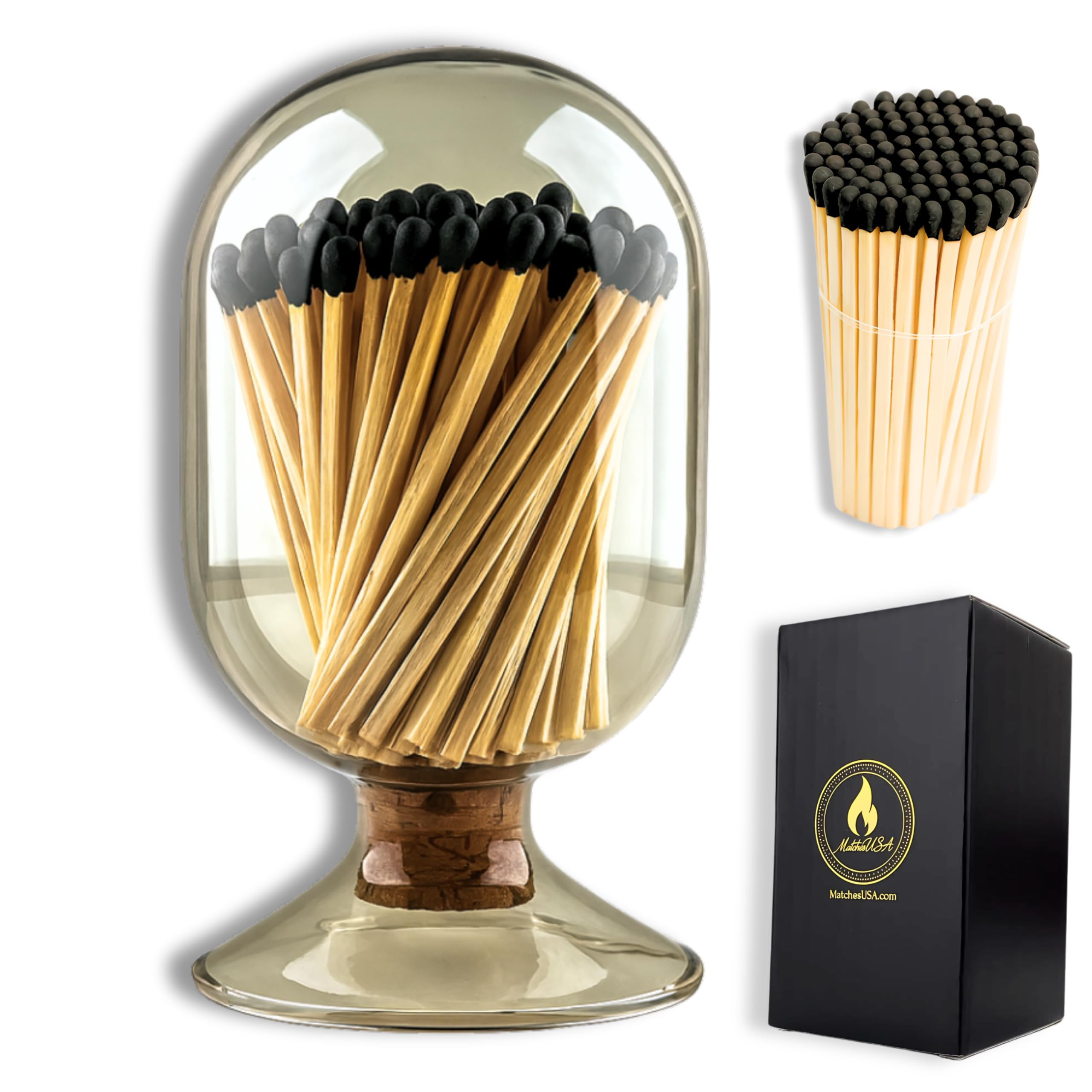 Includes Matches ! | Smoke Gray Glass Matches Cloche | Grey Tinted Decorative Match Holder Jar fo... | Amazon (US)