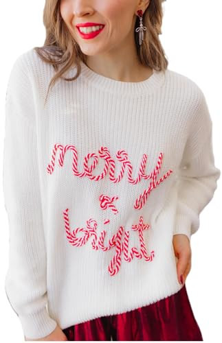Merry and Bright Christmas Sweaters Santa Candy Cane Tinsel Shirts Oversized Sweatshirts Knit Sweater Tops for Women Girl 2024 | Amazon (US)