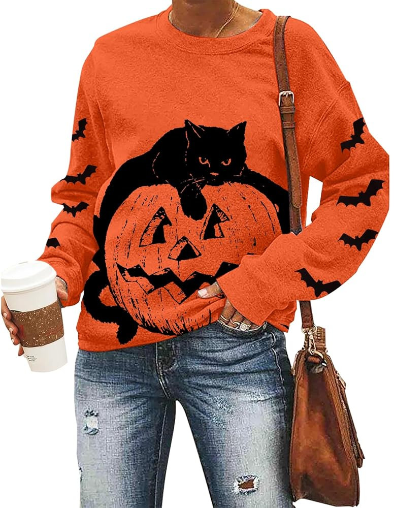 Black Cat on Pumpkin Sweatshirt Halloween Sweatshirts for Women Fall Pumpkin Face Tee Lightweight... | Amazon (US)