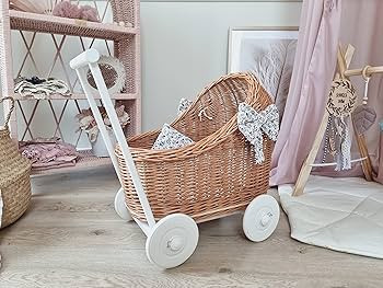 Amazon.com: Wiklibox Natural Rattan Doll Stroller Hand Made in Europe Includes Bows & Bedding Woo... | Amazon (US)