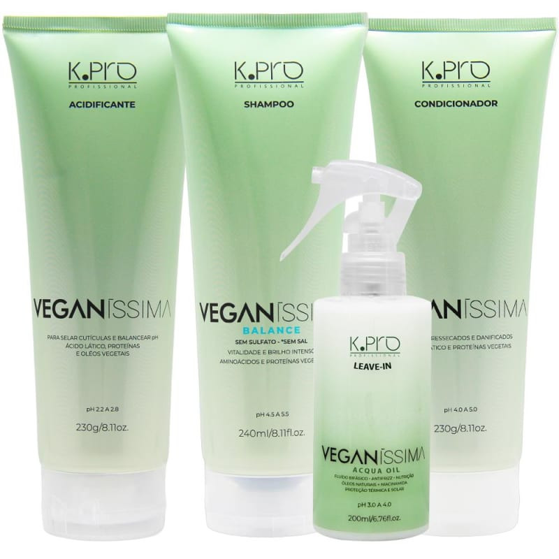 KIT K.PRO VEGANÍSSIMA SHAMPOO BALANCE + ACIDIFICANTE + CONDICIONADOR + ACQUA OIL LEAVE-IN | Beleza Na Web (BR)