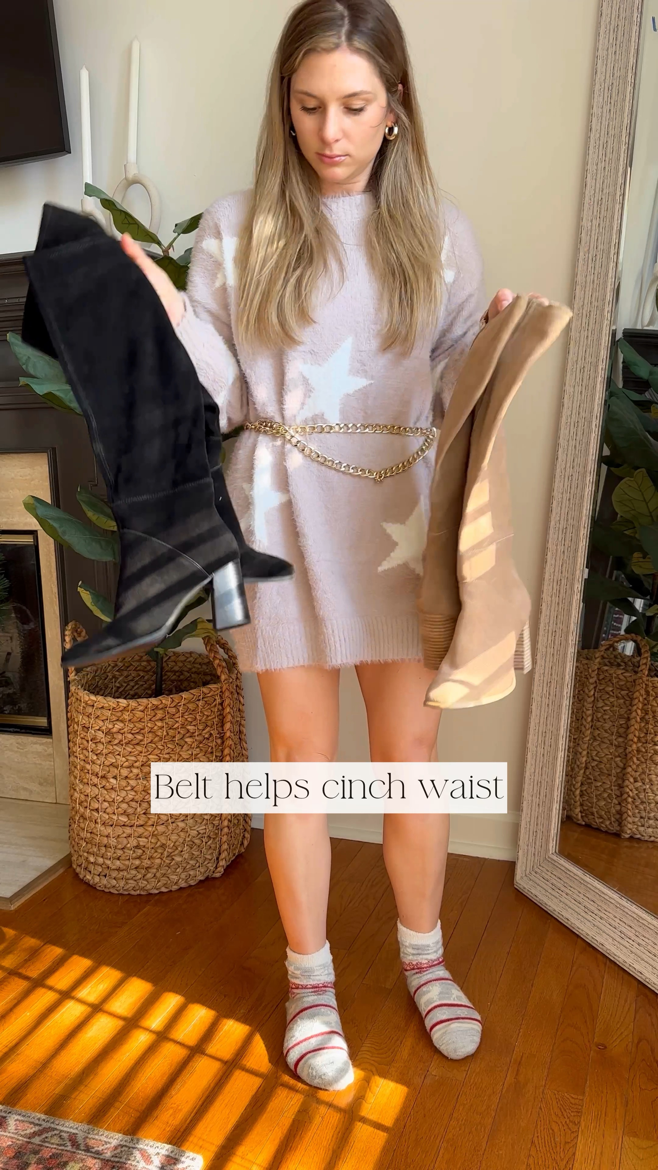 Amazon sweater oversized sweater amazon star sweater dress 
Knee high boots suede black tan heeled boots dolce vita 
Star sweater 
Oversized sweater with leggings 

#LTKHoliday #LTKSeasonal #LTKCyberweek