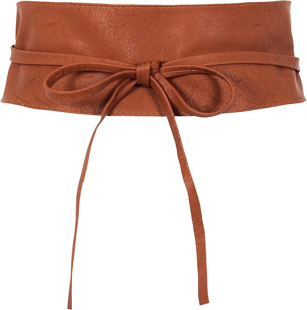 Women's Soft PU Faux Leather Self Tie Wrap Around Obi Waist Band Cinch Boho Belt | Amazon (US)