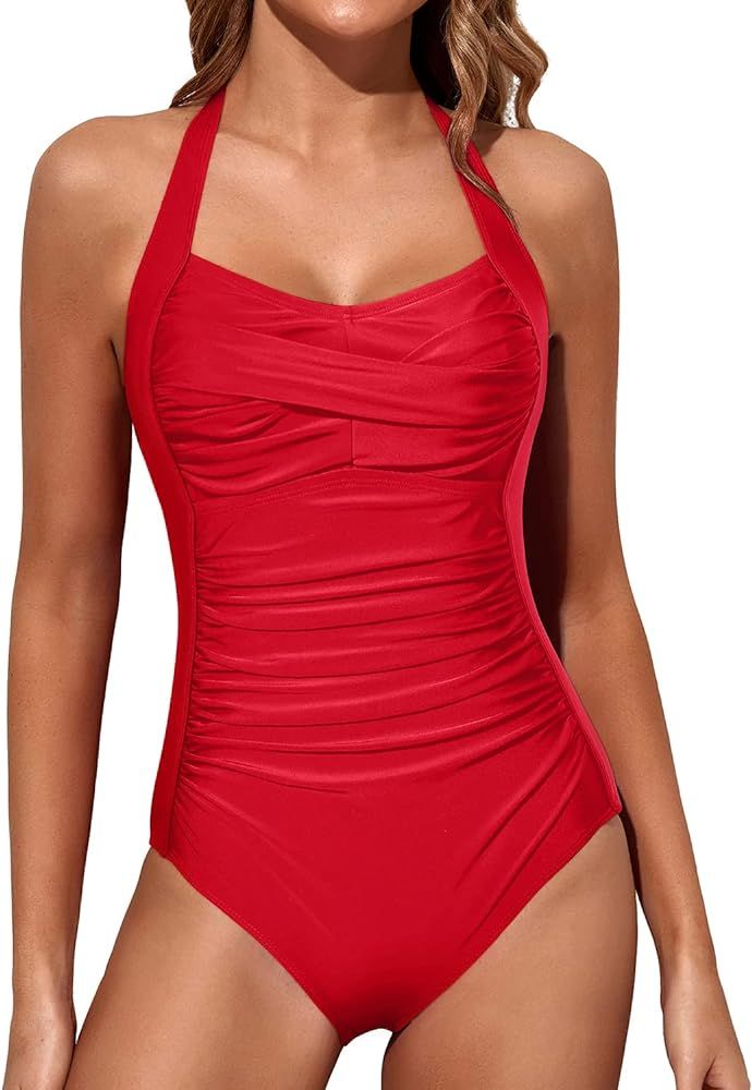 Tempt Me Women Tummy Control Vintage Halter One Piece Swimsuit Ruched Padded Bathing Suits | Amazon (US)