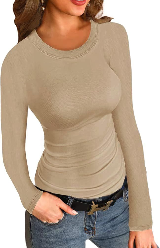 Womens Ribbed Long Sleeve Crewneck Shirts Fitted Sweaters Slim Fit Basic Casual Tops | Amazon (US)