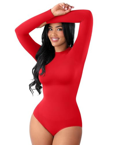 FeelinGirl Shapewear Bodysuit Women's Round Neck Bodysuits Long Sleeve Tops Tummy Control Shirts Double Lined Body Suit Red X-Small-Small | Amazon (US)