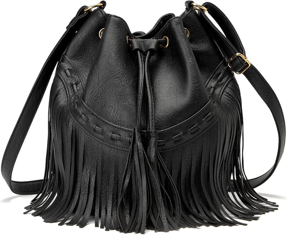 Leather Bucket Bags for Women Crossbody Purses with Drawstring Ladies Tassel Hobo and Shoulder Ha... | Amazon (CA)