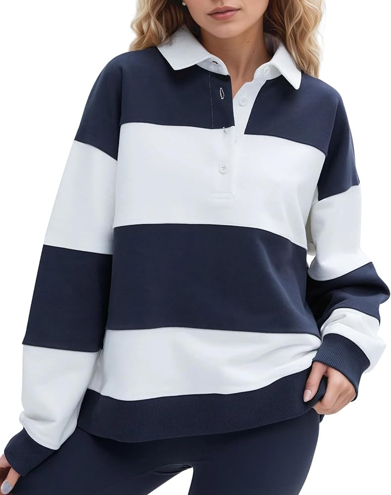 Women Striped Color Block Polo Sweatshirt Lapel Collared Long Sleeve Oversized Rugby Shirt 2025 T... | Amazon (US)