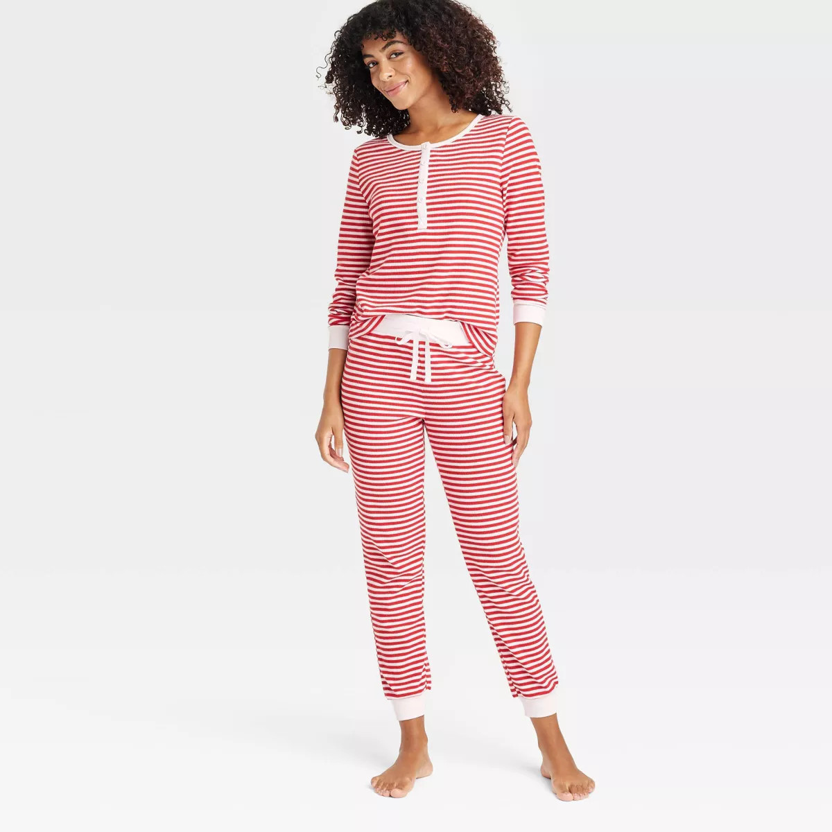 Women's Striped Thermal Long Sleeve Henley Top and Jogger Pants Pajama Set - Auden™ Red L | Target