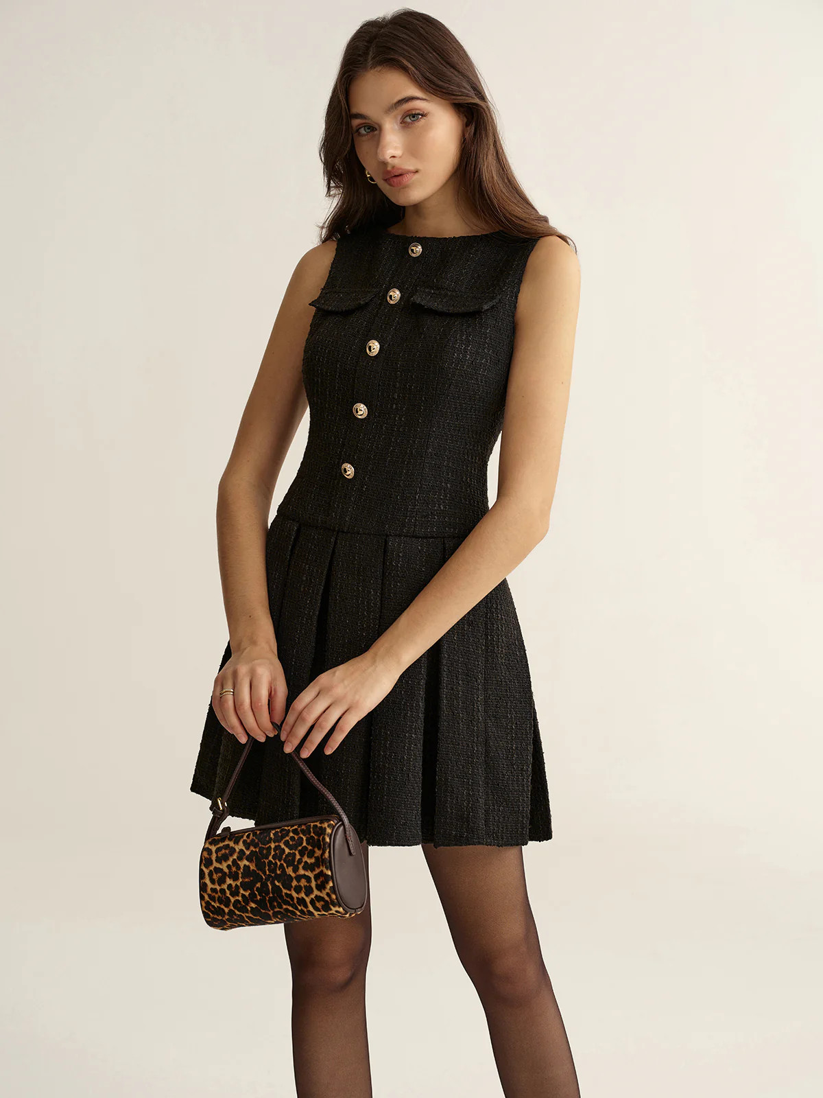 Metal Detail Tweed Pleated Mini Dress | Commense