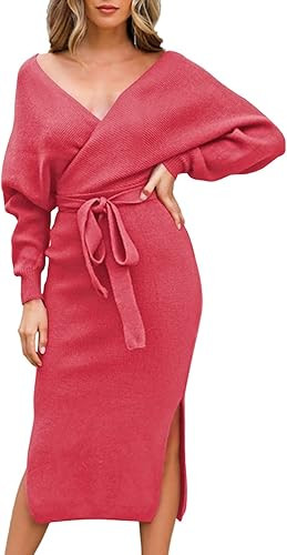 Viottiset Women's V Neck Long Batwing Sleeve Wrap Midi Knit Sweater Dress Elegant Backless with B... | Amazon (US)