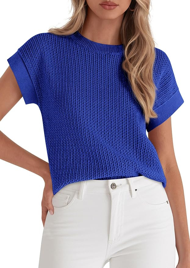 PRETTYGARDEN Women's Summer Sweater Vest Crochet Tops | Cozy Hollow Out Knit, Short Cap Sleeve, C... | Amazon (US)