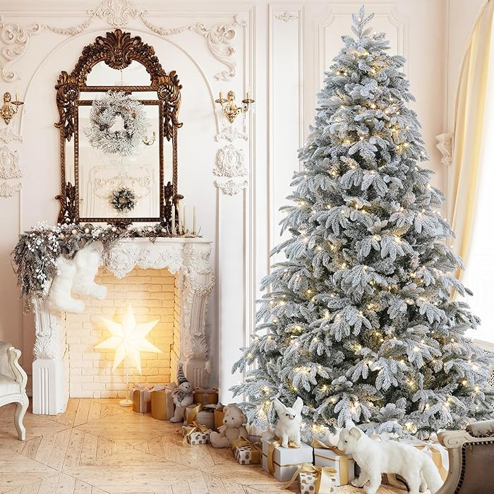 FairyHaus Christmas Tree 7.5 ft, Prelit Flocked Christmas Tree with 10 Function Lights, Warm Whit... | Amazon (US)