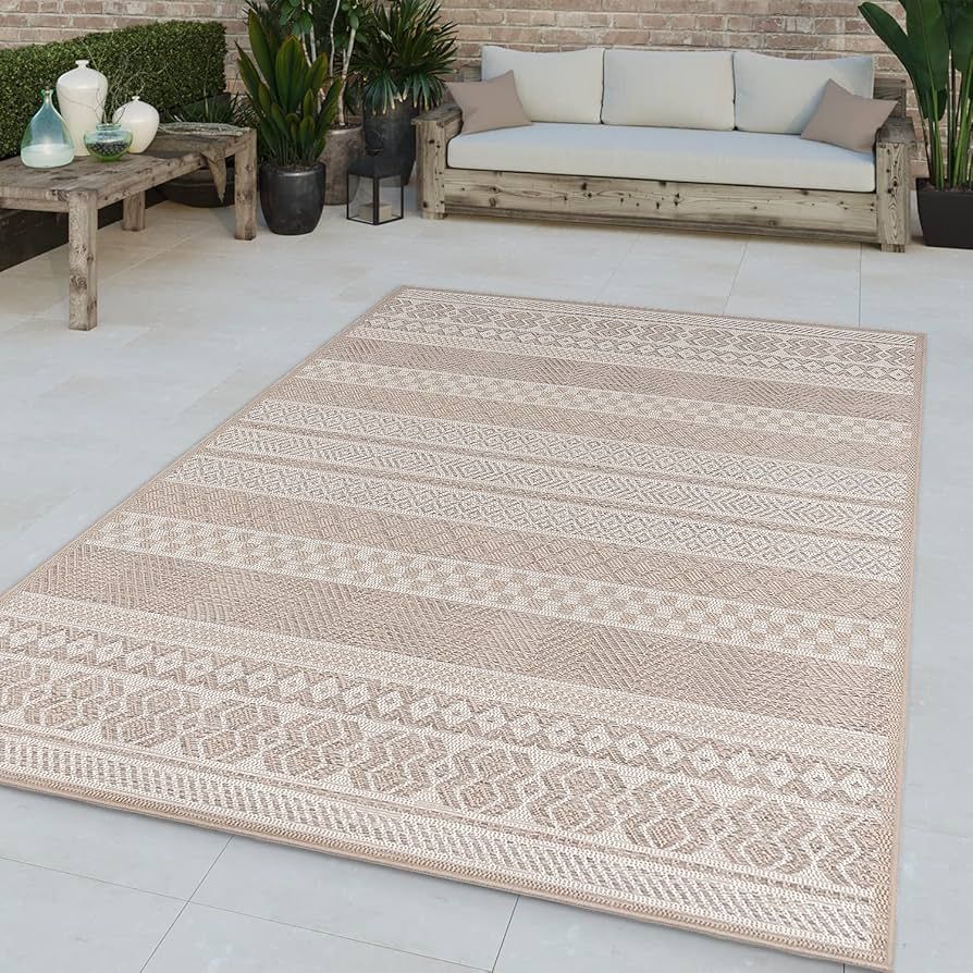 Outdoor Rug for Patio or Balcony Modern flatweave Boho Ornaments in Beige Cream, Size: 2'8" x 4'1... | Amazon (US)