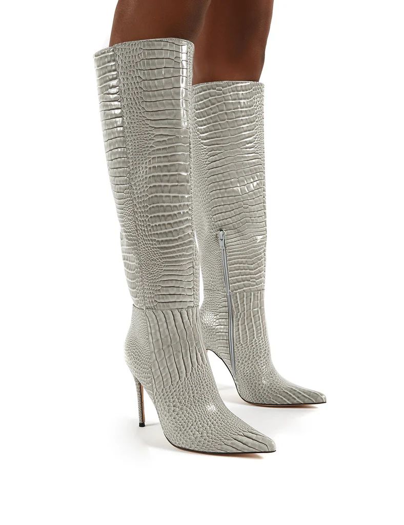 Aimi Grey Croc Knee High Stiletto Heel Boots | Public Desire (US & CA)