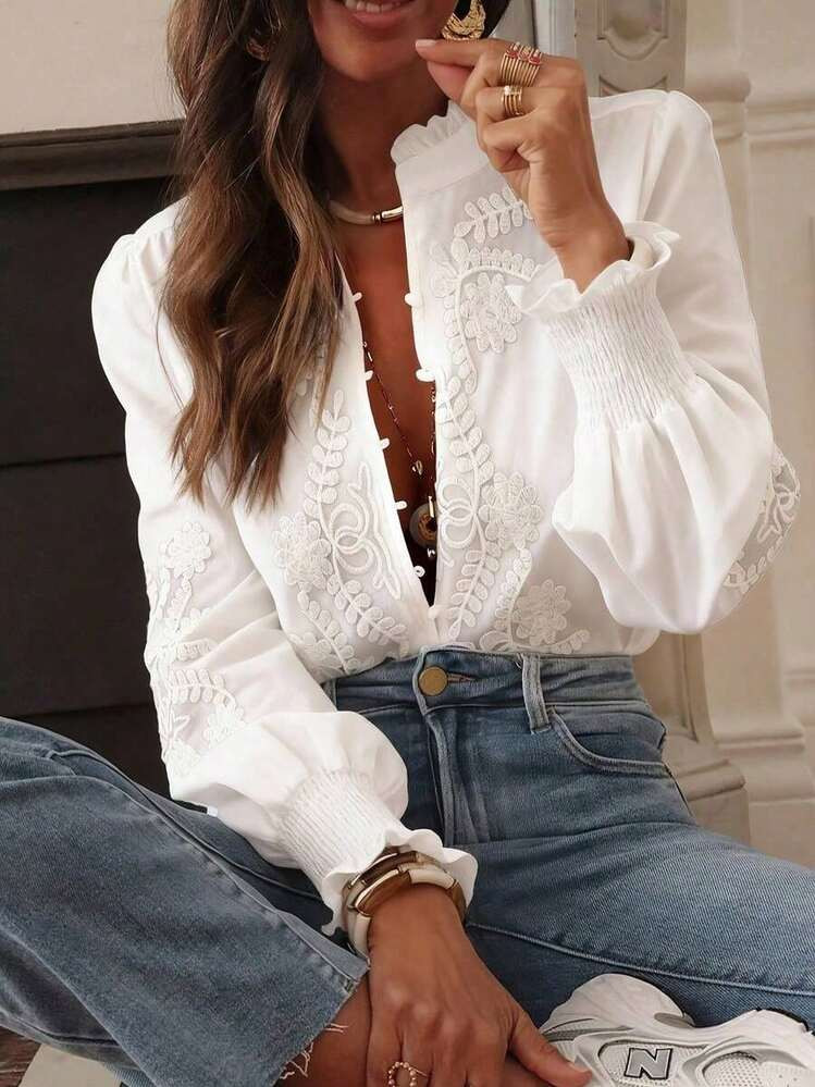 LocalCasual Vacation Embroidered Floral Print Shirt With Ribbed Embroidered Applique | SHEIN