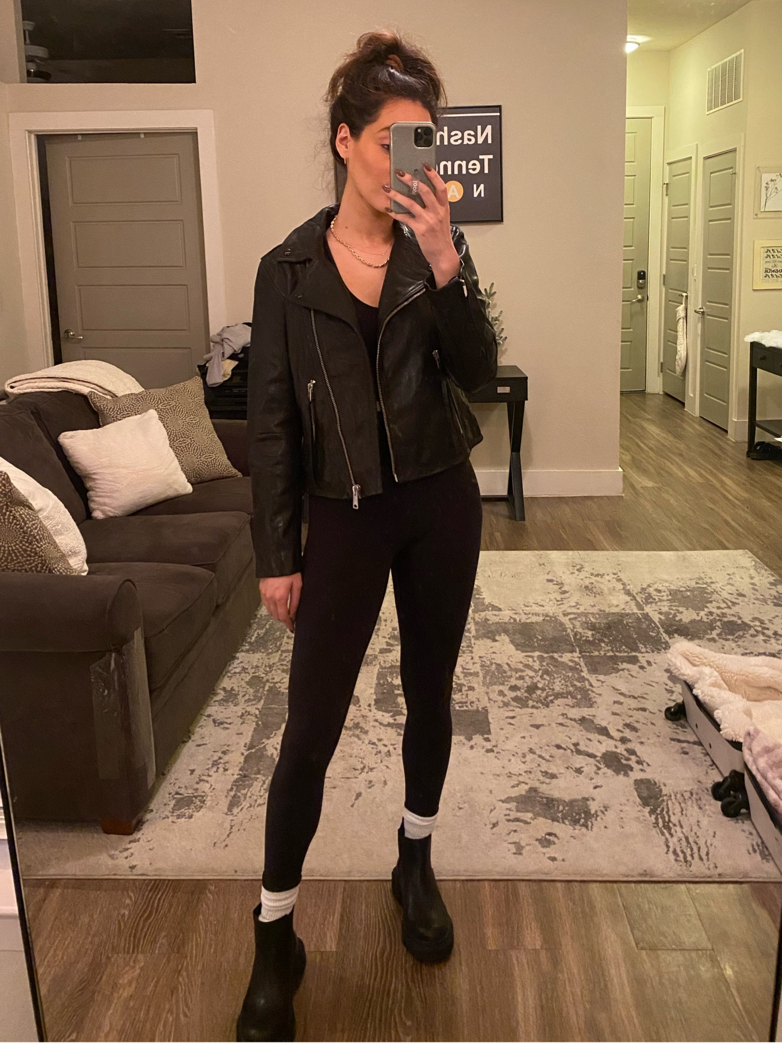 All Saints leather jacket 
Lululemon super high rise leggings 


#LTKSeasonal #LTKHoliday #LTKshoecrush