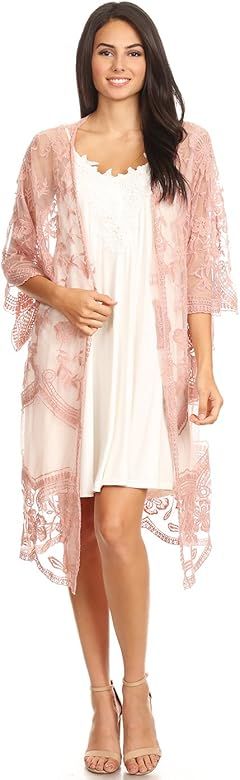 Womens Long Embroidered Lace Kimono Cardigan with Half Sleeves | Amazon (US)