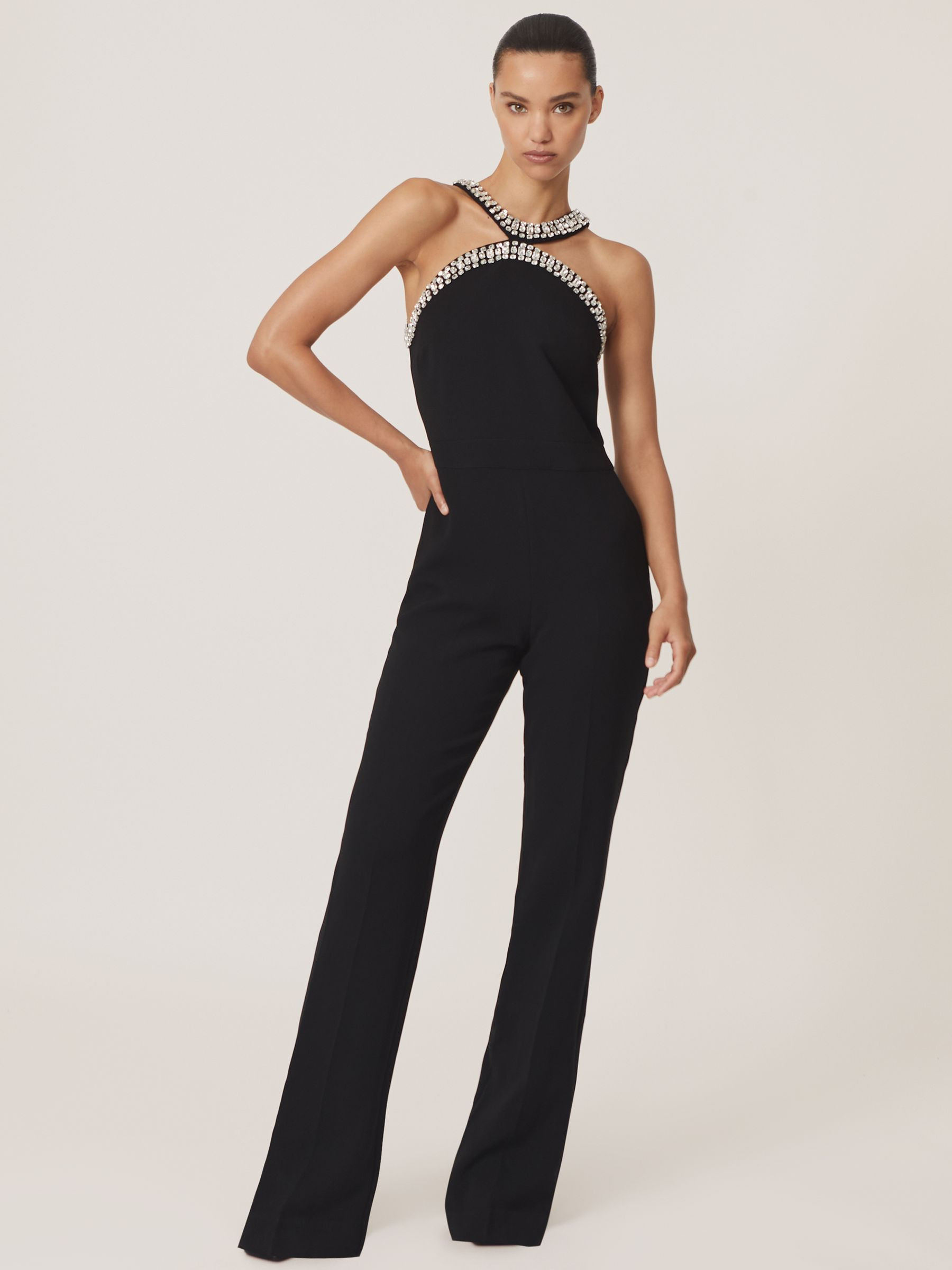 Crystal-Embellished Cut-Out Jumpsuit in Black | Reiss UK