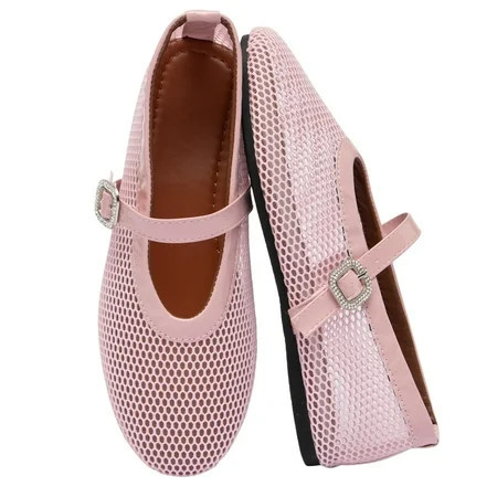 BERANMEY Women's Breathable Mesh Ballet Flats Casual Shoes with Crystal Buckle Fashion Fishnet Mary Jane Flats for Work & Everyday | Walmart (US)