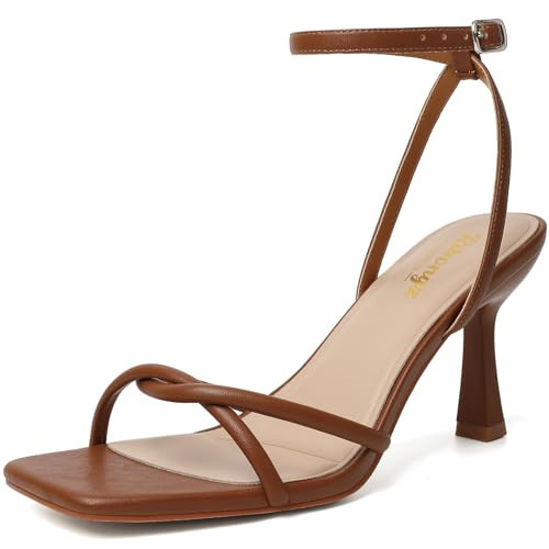 RIBONGZ Brown Heels for Women Strappy Kitten Heels Square Open Toe High Heeled Lace Up Sandals with Ankle Strap Elegant Summer Wedding Party Prom Work Daily Wear Dress Shoes 10.5 | Amazon (US)