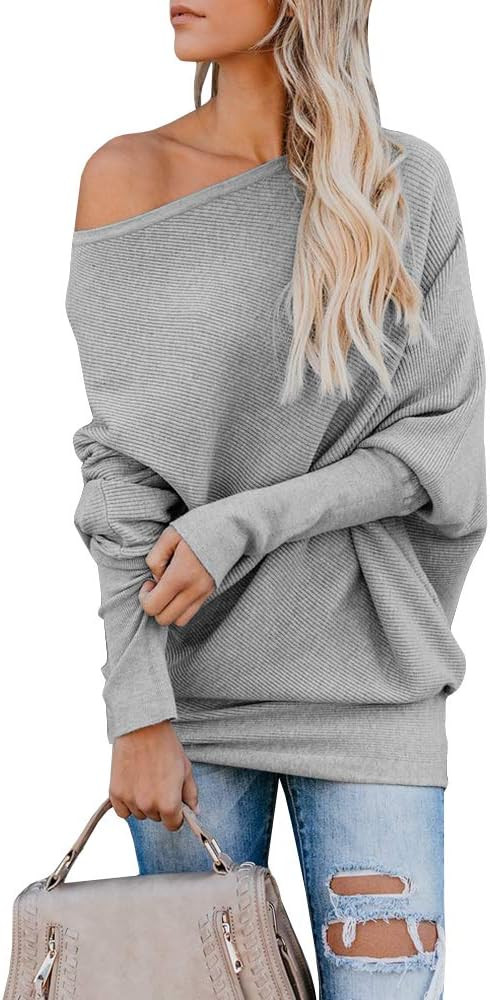 IRISGOD Womens-Off-Shoulder-Sweater Batwing Sleeve Ribbed Knit Cashmere Pullover Tops | Amazon (US)