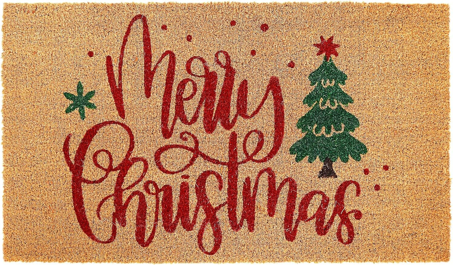 Whaline Merry Christmas Door Mats Natural Coir Doormat Non-Slip Floor Printed Xmas Tree for Chris... | Amazon (US)