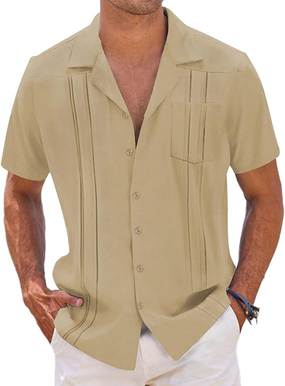 COOFANDY Men's Short Sleeve Cuban Guayabera Shirt Relaxed Fit Cotton Linen Shirt Casual Summer Be... | Amazon (US)
