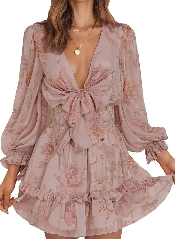 Dokotoo Womens Casual Spring Fall 2025 Deep V Neck Knotted Tiered Chiffon Elegant Mini Short Swin... | Amazon (US)