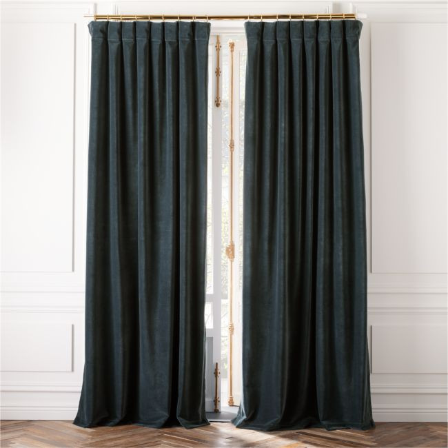 Dark Teal Organic Cotton Velvet Window Curtain Panel 48""x96'' | CB2