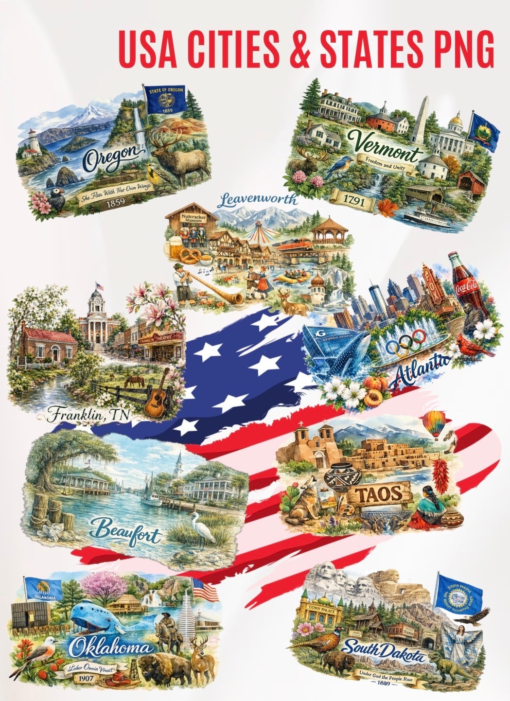 🇺🇸 Every place has a story… and every watercolor tells one. ❤️

From the majestic mountains of Oregon to the historic streets of Franklin, Tennessee, the charm of Leavenworth, the Southwest beauty of Taos, the coastal magic of Beaufort, the energy of Atlanta, and the iconic landmarks of South Dakota, Vermont, and Oklahoma—these watercolor PNGs celebrate what makes each destination unforgettable.

Perfect for creating:
✨ T-shirts
✨ Coffee mugs
✨ Christmas ornaments
✨ Tote bags
✨ Candles
✨ Home décor
✨ Stickers & more!

I’m building a collection featuring America’s most beloved cities, states, and national parks in honor of our country’s rich history and the upcoming 250th Anniversary. Which destination should I paint next?

👇 Tell me your hometown or favorite place in the comments!

⸻

Hashtags:

#TravelArt #USATravel #AmericanMade #PatrioticDecor #EtsySeller #EtsyFinds

#LTKTravel #LTKstorytime #LTKdayinmylife