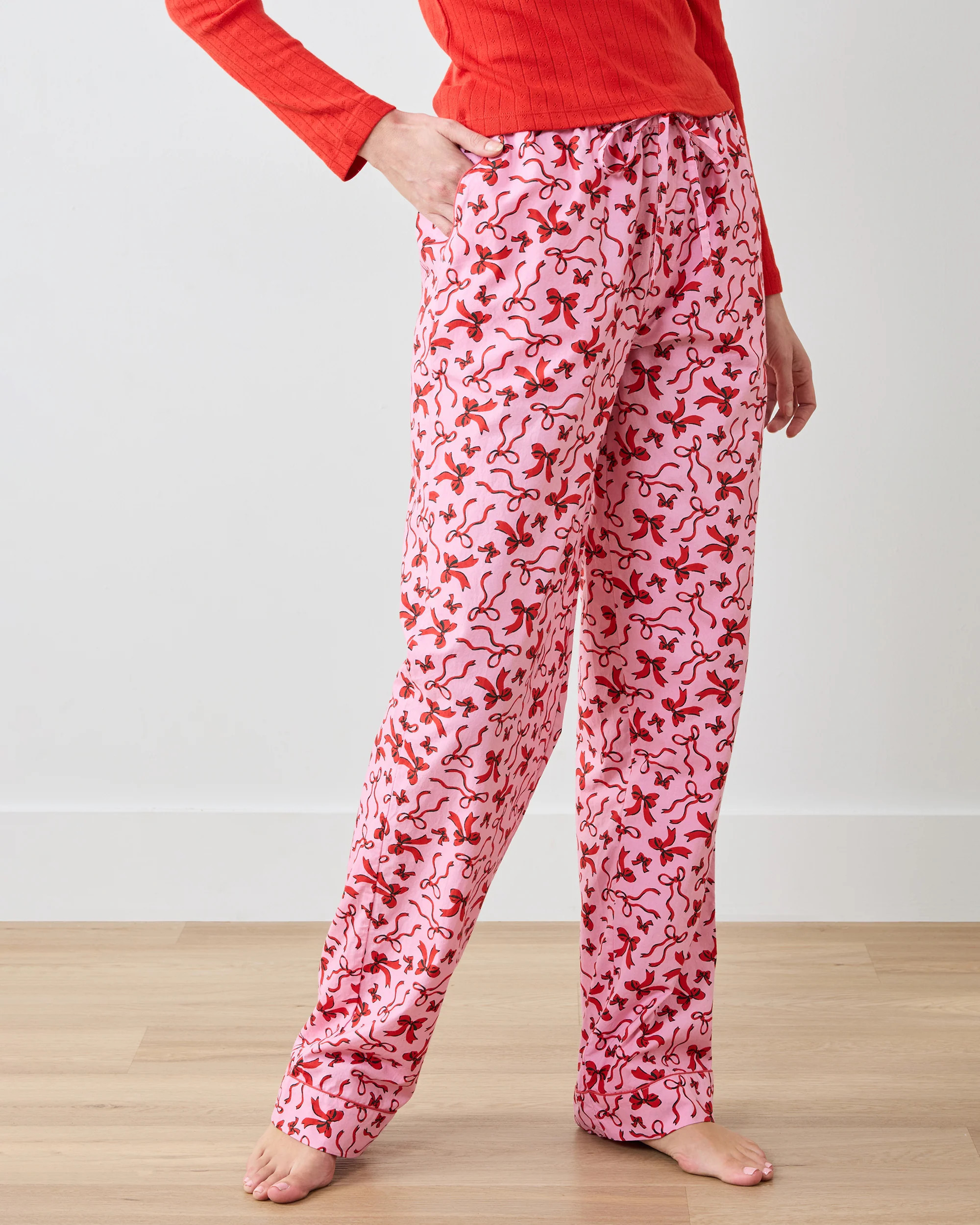 Printfresh Women's Organic Cotton Pajama Pants in Pink Red Ribbons | Printfresh