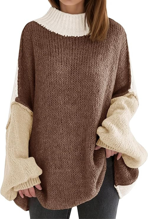 Saodimallsu Womens Oversized Tunic Sweaters Color Block Chunky Long Sleeve Mock Neck Slouchy Knit... | Amazon (US)