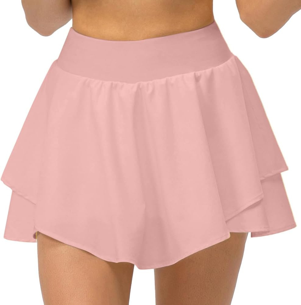 Yuerlian Tennis Skirts Pleated Skorts with Shorts Pockets Double Ruffle Golf Skirts Workout Runni... | Amazon (US)