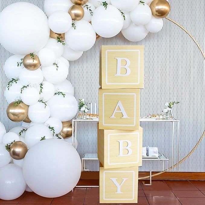 DIY Birthday Baby Shower Decorations - 4pcs Wood Grain Paper Boxes with Baby+A-Z Letters,Party Bo... | Amazon (US)