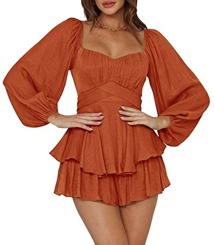 Ahtyeo Women's Casual Off Shoulder Romper Double Layer Ruffle Hem Waist Tie Short Jumpsuits Long Baggy Sleeves Mini Dress (Brown,X-Large) | Amazon (US)