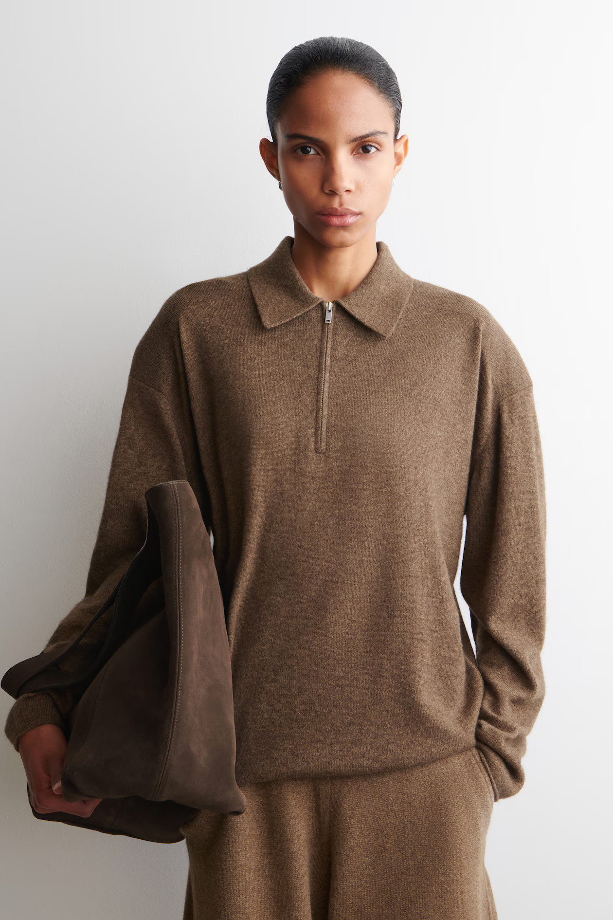 MERINO WOOL-YAK ZIP-UP POLO SHIRT - BROWN MÉLANGE | COS GB | COS UK