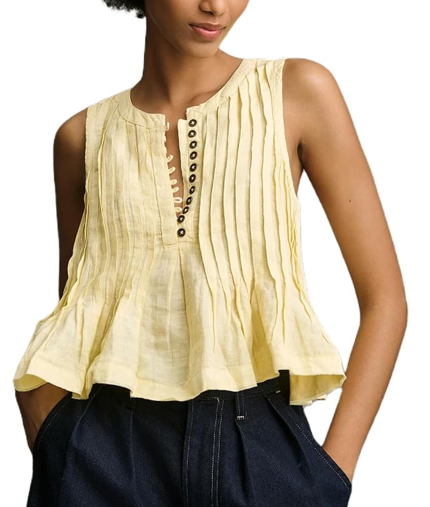 Womens Pleated Tank Crop Top Linen Half Button Sleeveless Ruffle Shirt Y2k Babydoll Peplum Blouse... | Amazon (US)