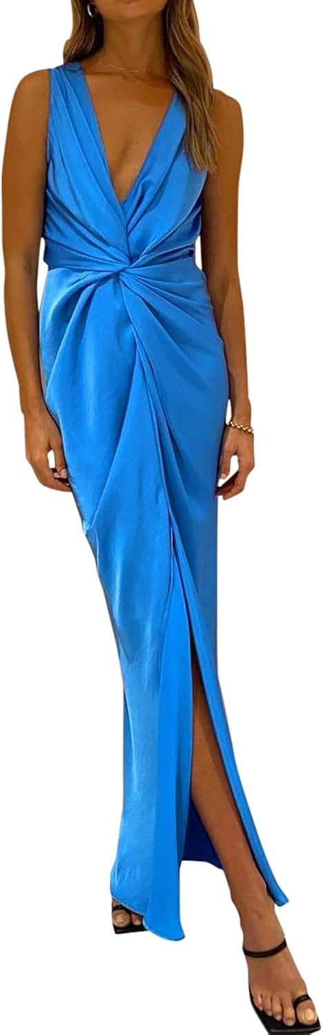 PRETTYGARDEN Women's Satin Ruched Bodycon Dress Summer 2023 Twist Front V Neck Sleeveless Split M... | Amazon (US)