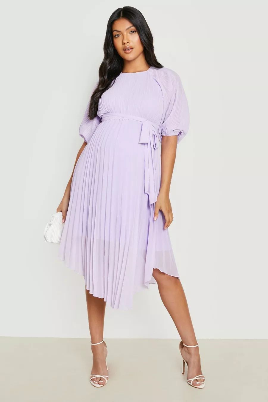 Maternity Tie Waist Pleated Puff Sleeve Midi Dress Maternity Clothes Maternity Outfits #LTKbump | boohoo (US & Canada)