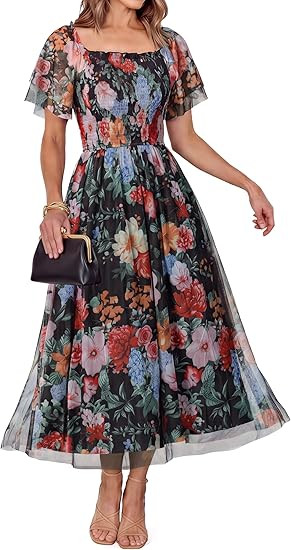 Simplee Womens Floral Maxi Dresses 2026 Summer Square Neck Mesh Short Sleeve Smocked Boho Flowy W... | Amazon (US)