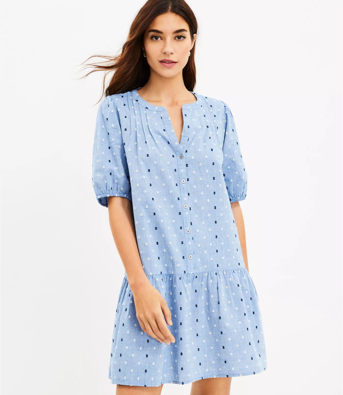 Chambray Clip Puff Sleeve Button Swing Dress | LOFT