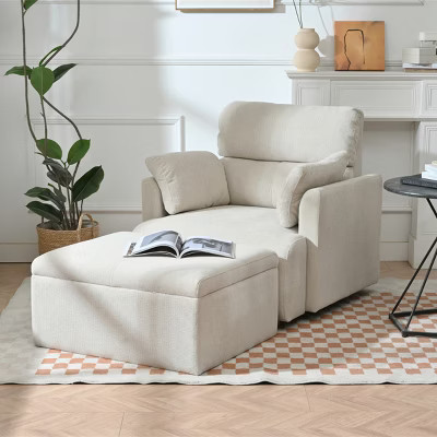Beige Oversized Upholstered Lounge Chair with Storage Ottoman,Deep Seat Reading Chair for Bedroom or Living Room-Cuddlewood | Target