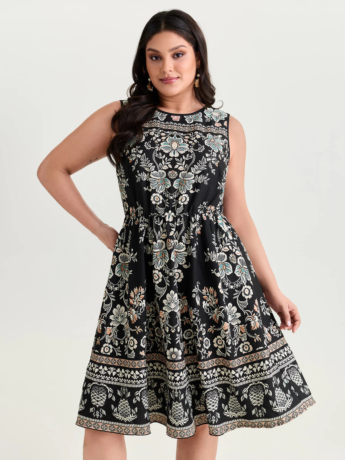 Boho Print Round Neck A-Line Mini Dress | Bloomchic